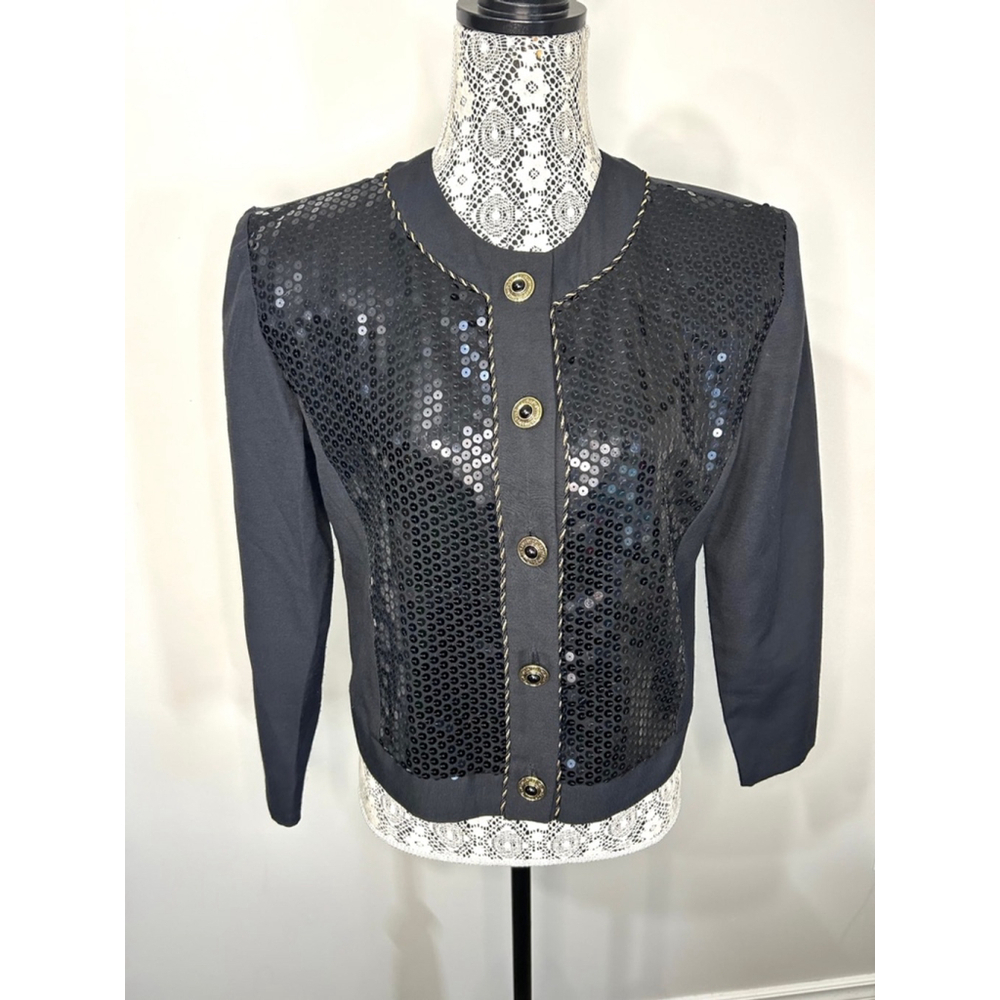 Women's vintage 90s Black cropped sequins embellished jacket with braided trim M